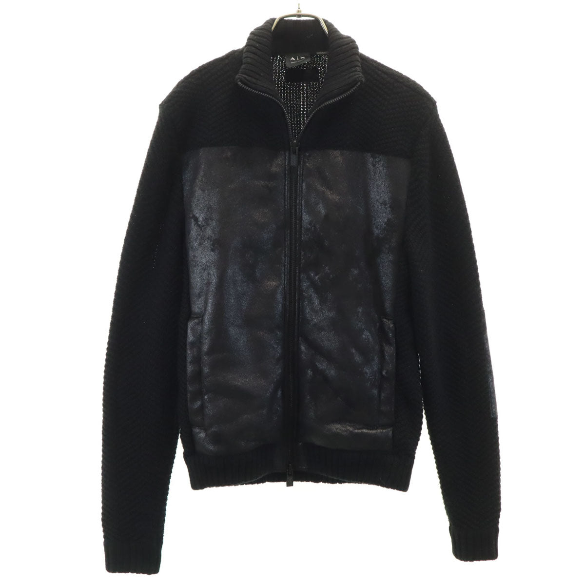 ARMANI EXCHANGE アルマーニエクスチェンジ フェイクムートン切替 ニットジャケット XS ブラック メンズ