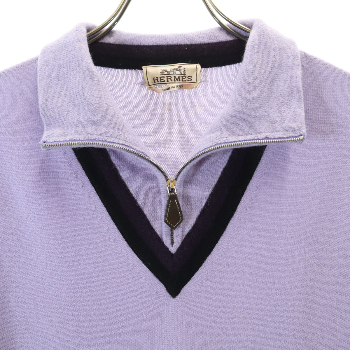 HERMES エルメス イタリア製 カシミヤ100% 長袖 ハーフジップ ニット L ラベンダー セーター メンズ