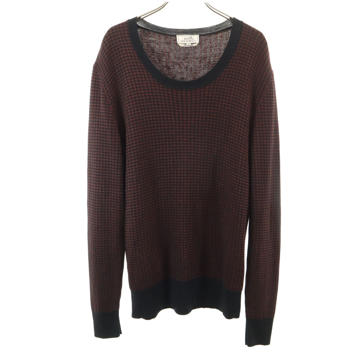 HERMES エルメス イタリア製 シルクブレンド ハウンドトゥース柄 長袖 ニット M ブラウン セーター 千鳥格子 メンズ