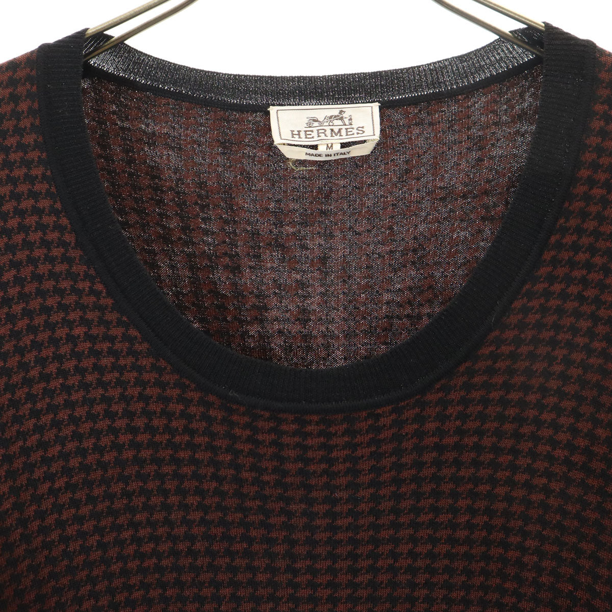 HERMES エルメス イタリア製 シルクブレンド ハウンドトゥース柄 長袖 ニット M ブラウン セーター 千鳥格子 メンズ