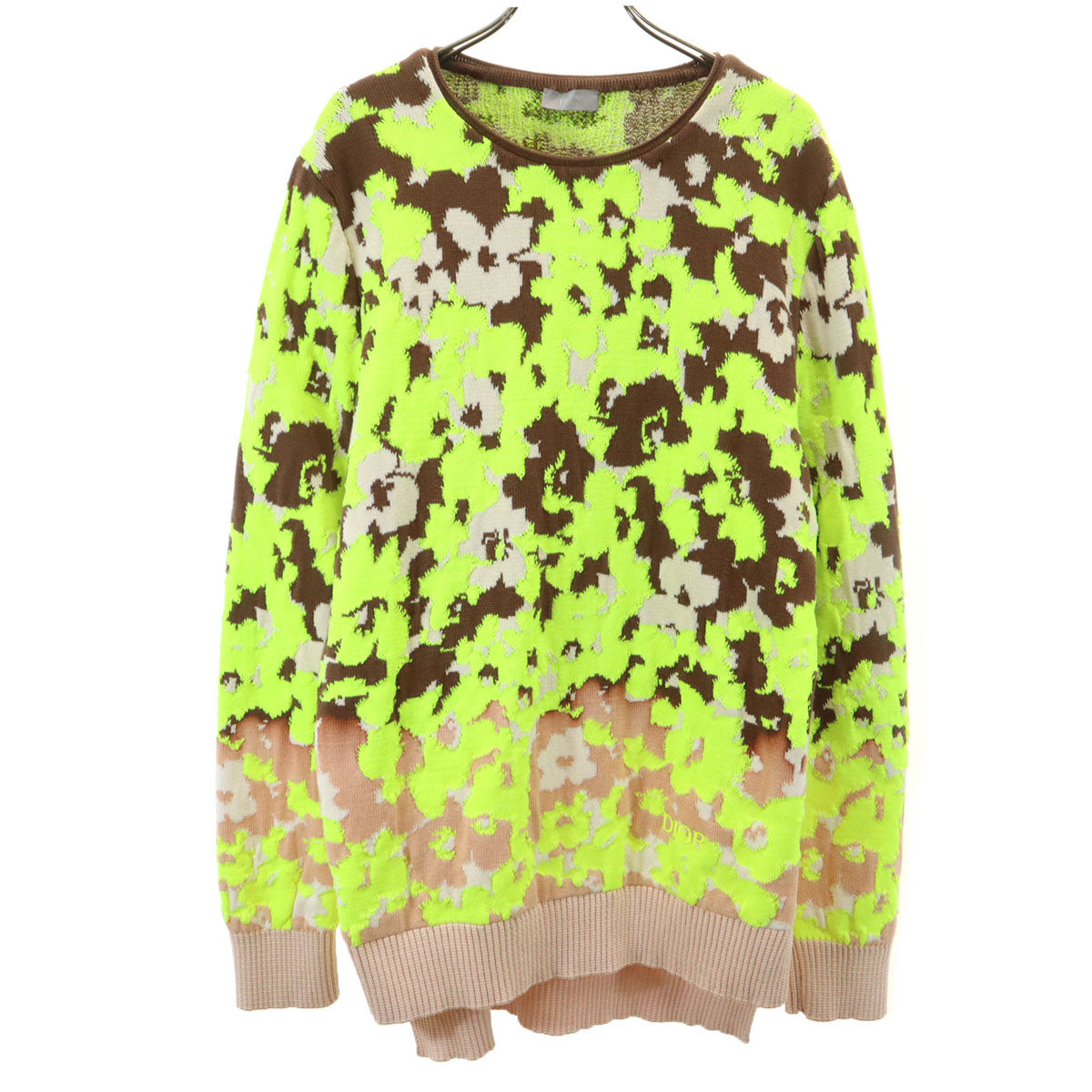 美品 Dior ディオール 22SS イタリア製 総柄 長袖 テクニカルコットン ジャカード ニット S ネオンイエロー セーター メンズ