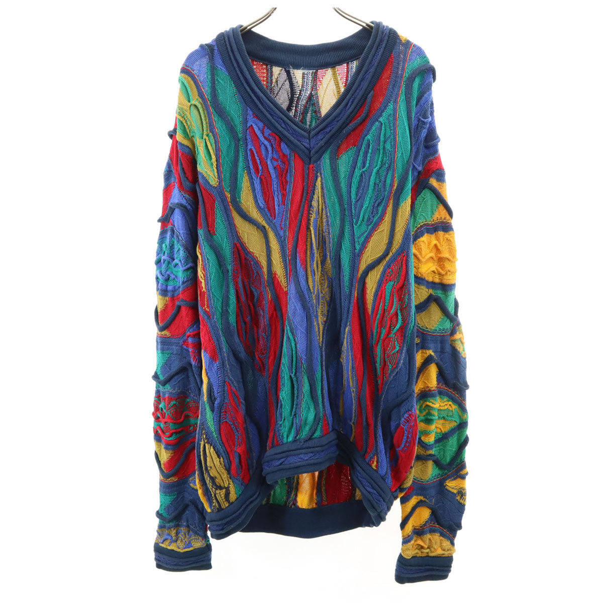 90s オールド 3D 長袖 Vネック 3D ニット マルチ メンズ