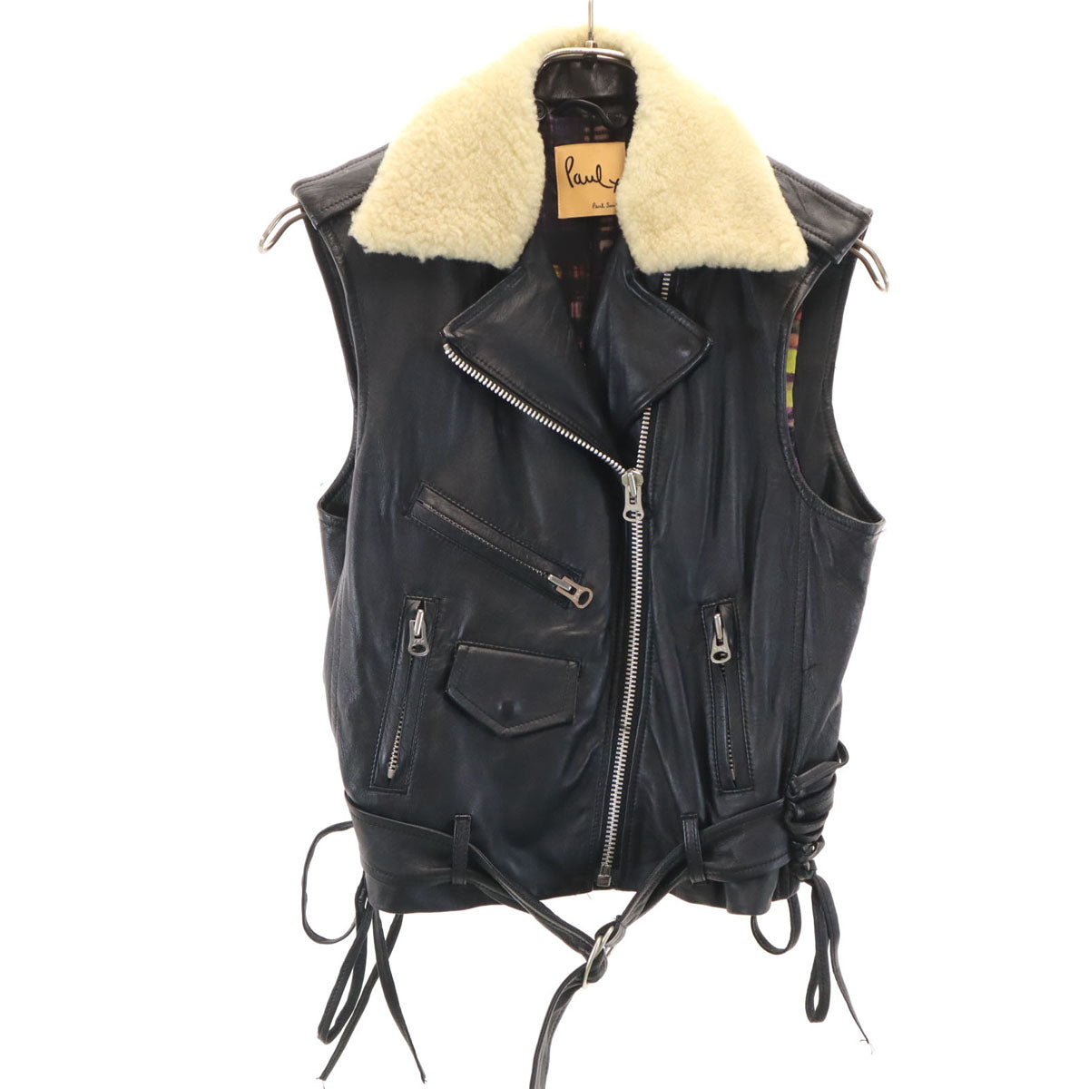Paul+ Paul Smith ポールプラス ポールスミス ムートンカラー 羊革レザー ライダース ベスト 40 ブラック レディース