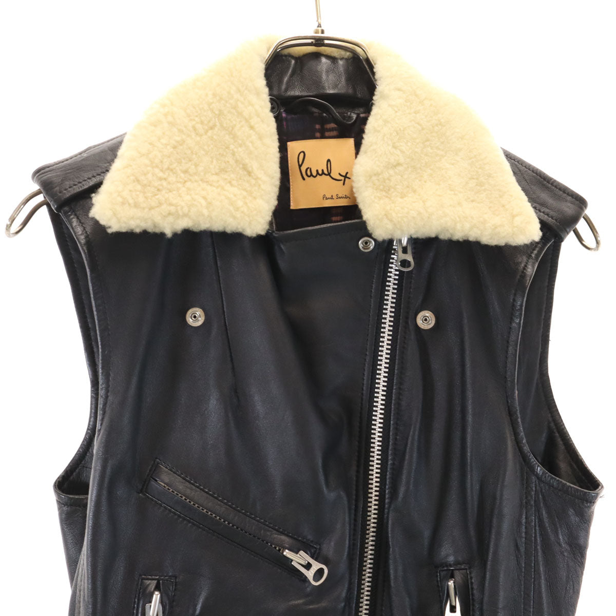 Paul+ Paul Smith ポールプラス ポールスミス ムートンカラー 羊革レザー ライダース ベスト 40 ブラック レディース