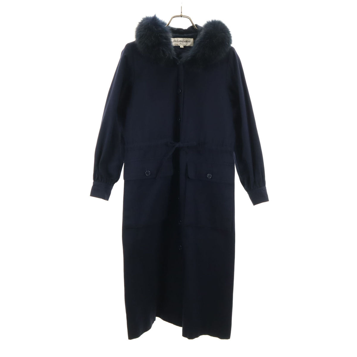 YVES SAINT LAURENT イヴサンローラン 90s オールド ステンカラーコート M ネイビー フォックスファー付き レディース