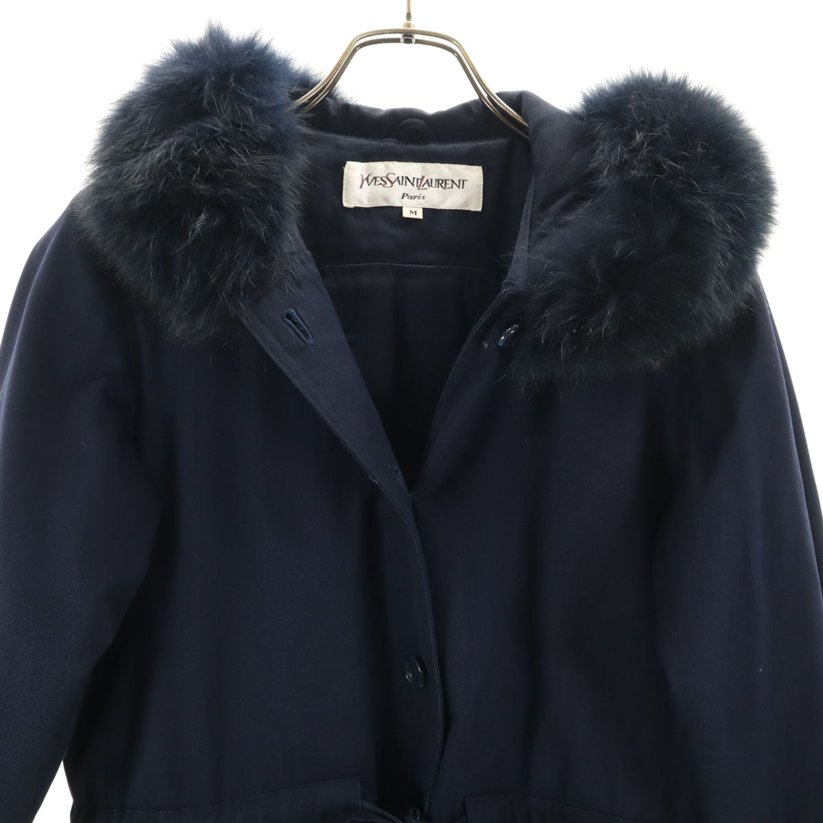 YVES SAINT LAURENT イヴサンローラン 90s オールド ステンカラーコート M ネイビー フォックスファー付き レディース