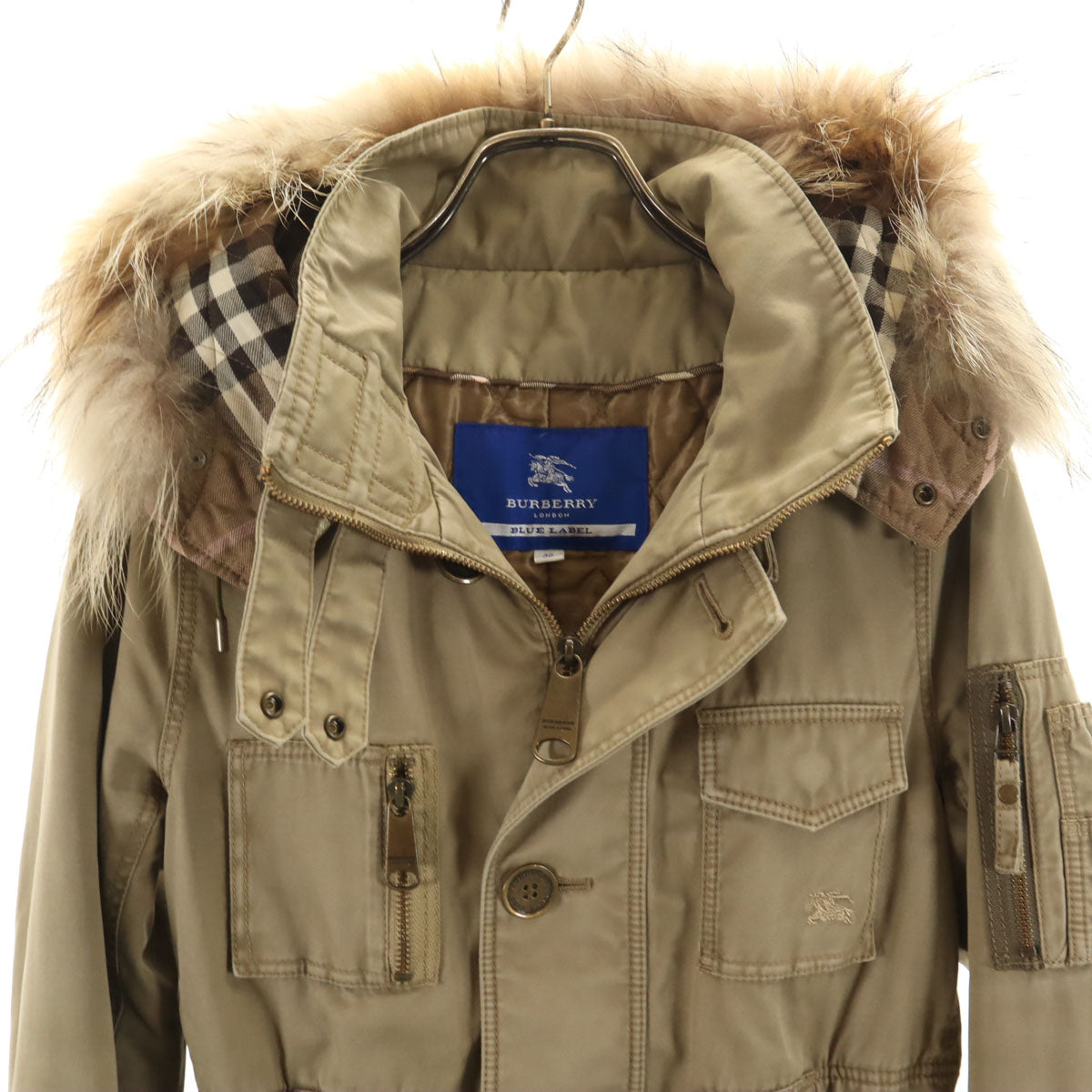 BURBERRY LONDON BLUE LABEL バーバリー ロンドン ブルーレーベル モッズコート 38 ベージュ 三陽商会 中綿 ミリタリー ラクーンファー付き レディース