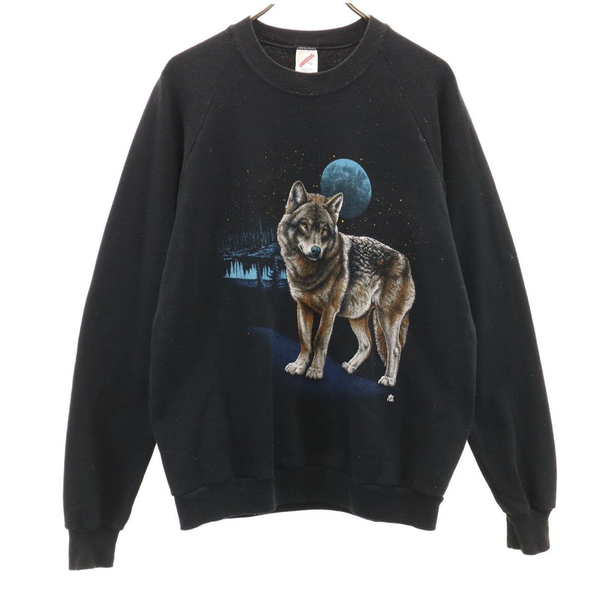 JERZEES ジャージーズ 80s USA製 ヴィンテージ アニマル柄 長袖 スウェット トレーナー XL ブラック 裏起毛 狼 メンズ