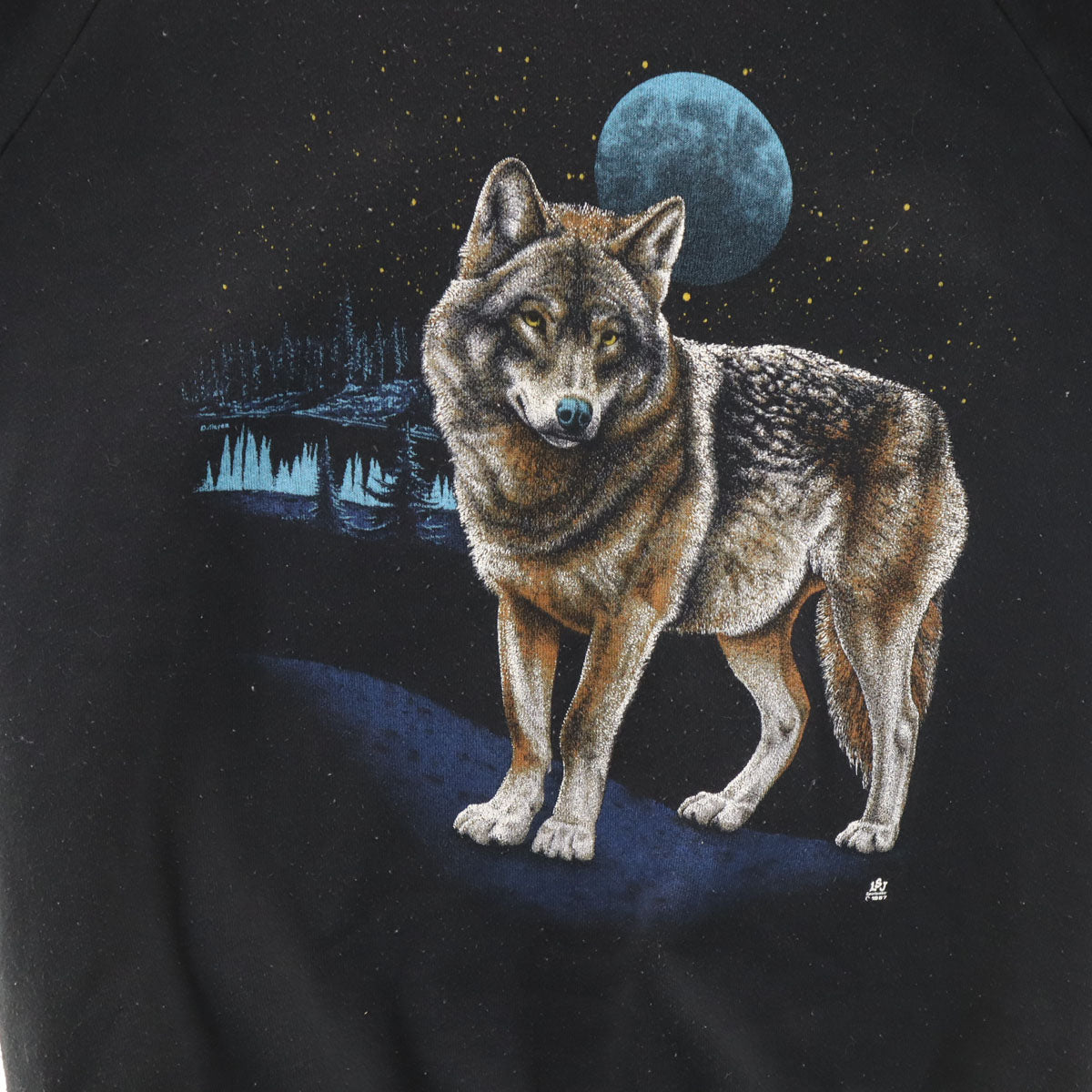 JERZEES ジャージーズ 80s USA製 ヴィンテージ アニマル柄 長袖 スウェット トレーナー XL ブラック 裏起毛 狼 メンズ