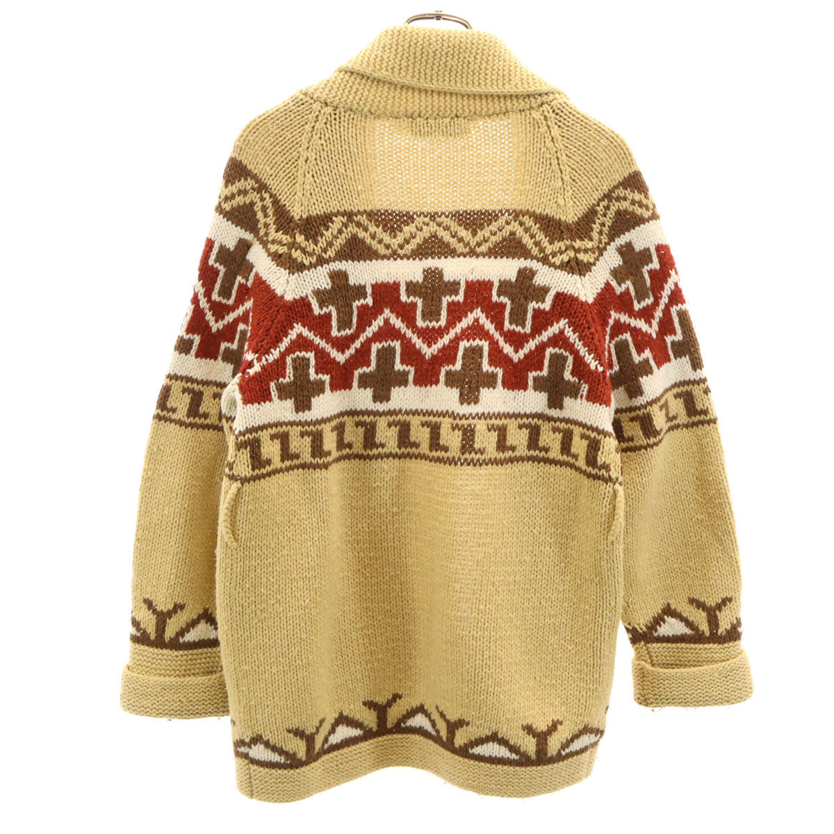 MONSIEUR BY SCHOONER オールド ネイティブ柄 長袖 ニットカーディガン ベージュ メンズ