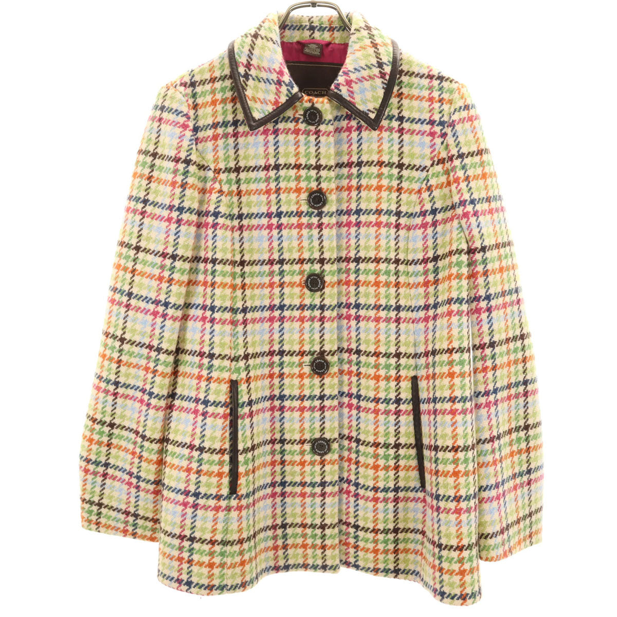 COACH コーチ レザーパイピング チェック柄 ウールコート XS レディース