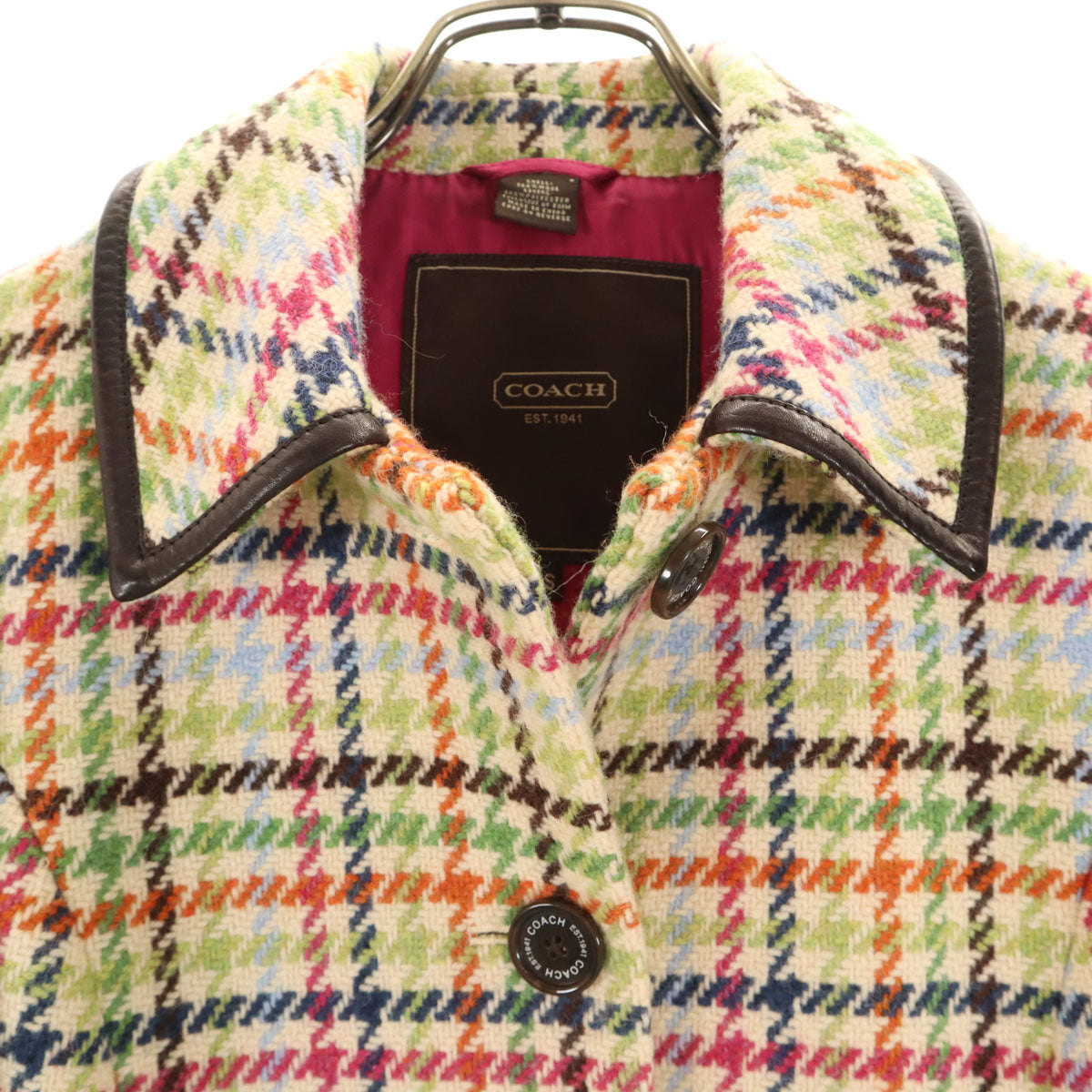 COACH コーチ レザーパイピング チェック柄 ウールコート XS レディース