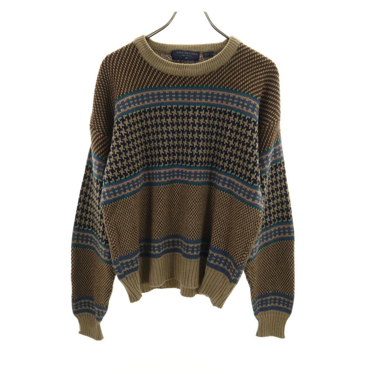 VAN HEUSEN ヴァンヒューゼン 80s 90s オールド 総柄 長袖 セーター M ブラウン ニット メンズ