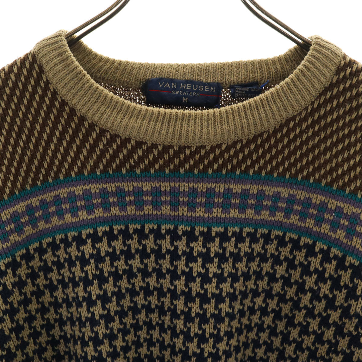 VAN HEUSEN ヴァンヒューゼン 80s 90s オールド 総柄 長袖 セーター M ブラウン ニット メンズ