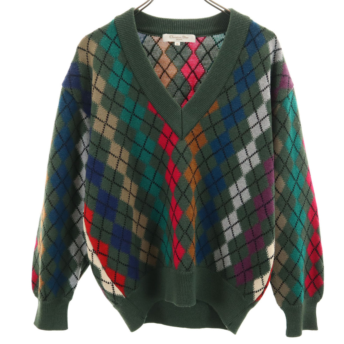 美品 Christian Dior SPORTS クリスチャンディオールスポーツ 90s オールド アーガイル柄 長袖 Vネック セーター M カーキ ニット レディース