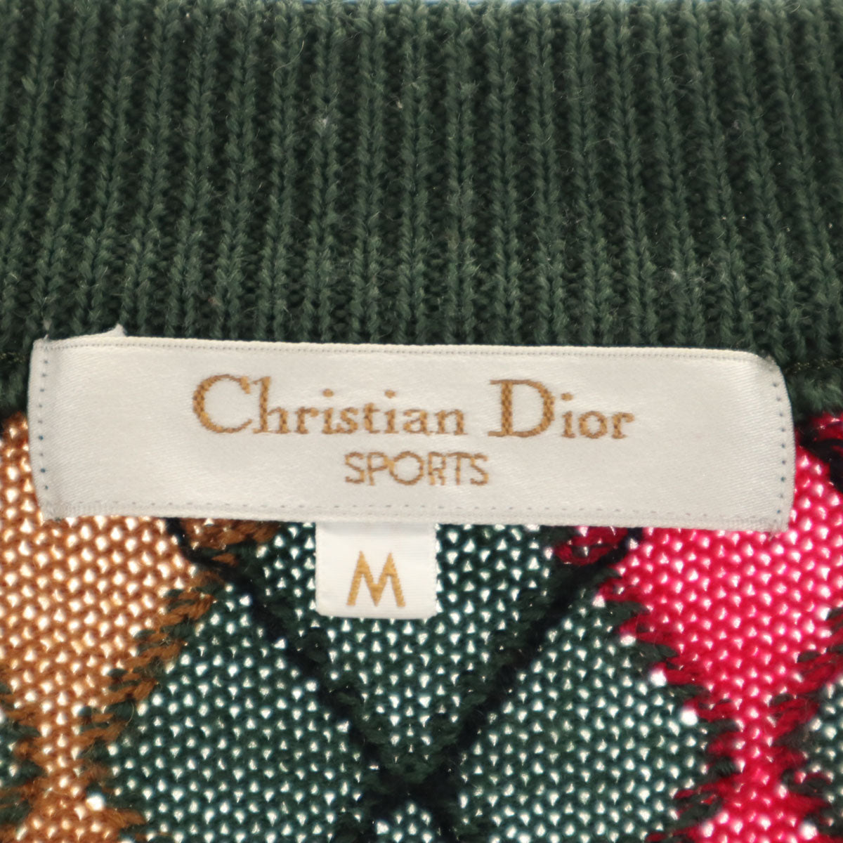 美品 Christian Dior SPORTS クリスチャンディオールスポーツ 90s オールド アーガイル柄 長袖 Vネック セーター M カーキ ニット レディース