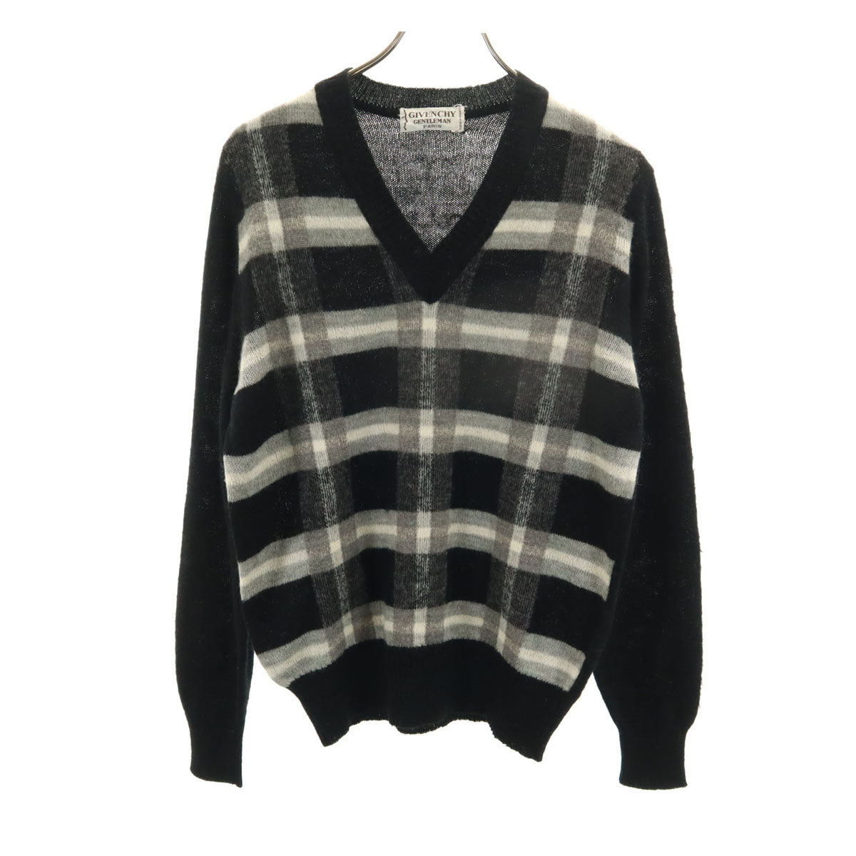 GIVENCHY GENTLEMAN ジバンシィ ジェントルマン 80s 90s オールド チェック柄 長袖 Vネック セーター 4 ブラック ニット メンズ