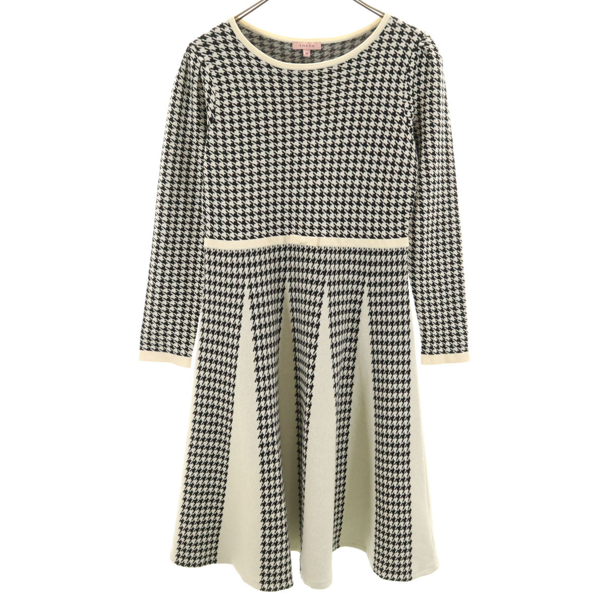 美品 TOCCA トッカ ハウンドトゥース柄 長袖 ニット ワンピース M ホワイト 千鳥格子 レディース
