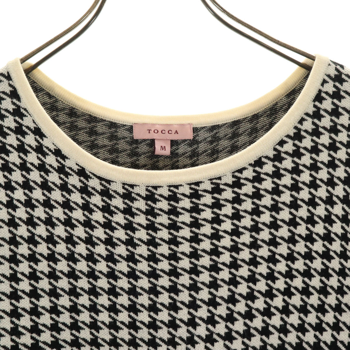 美品 TOCCA トッカ ハウンドトゥース柄 長袖 ニット ワンピース M ホワイト 千鳥格子 レディース