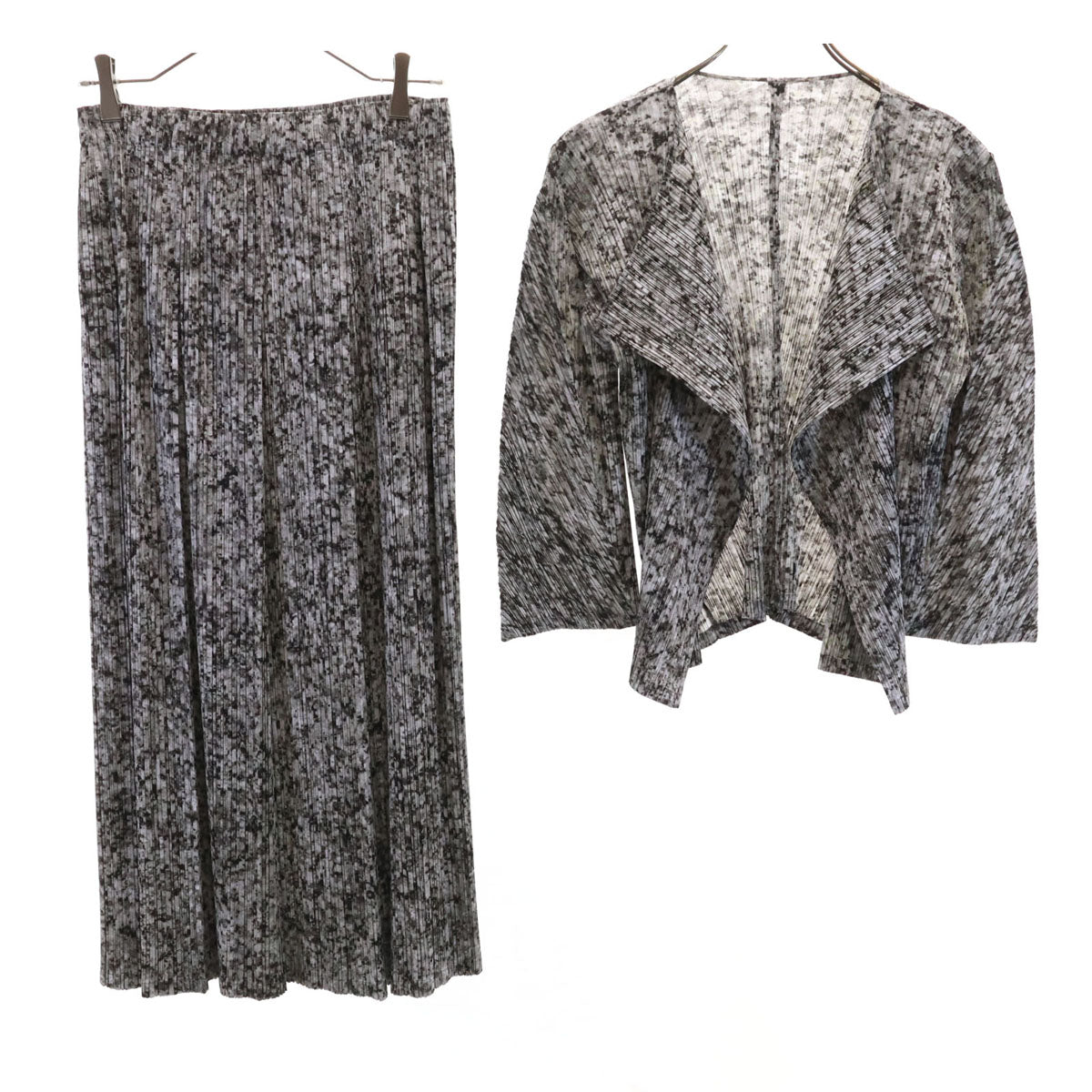 PLEATS PLEASE プリーツプリーズ 日本製 総柄 7分袖 カーディガン 上下 セットアップ 3/4 グレー イッセイミヤケ レディース
