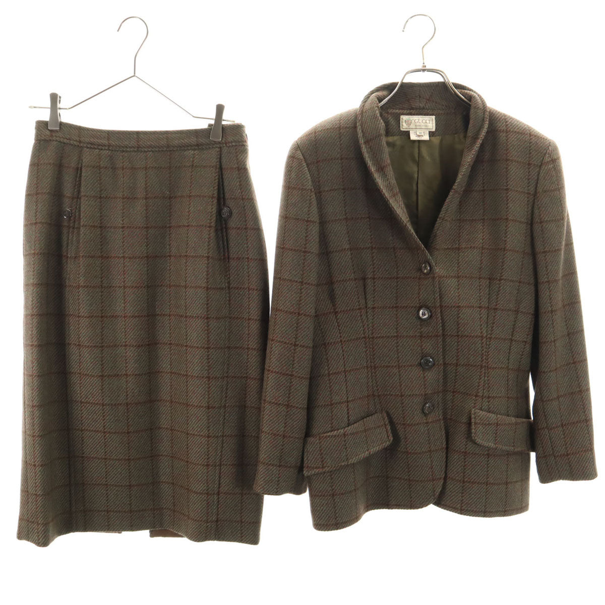 GUCCI グッチ 80s イタリア製 ウール ヴィンテージ オールド チェック柄 スカートスーツ 上下 セットアップ 46 グリーン系 レディース