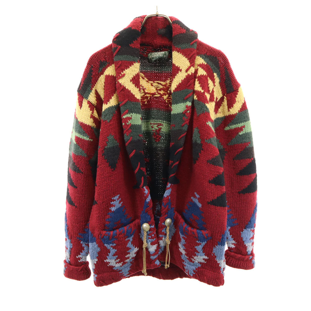 RALPH LAUREN COUNTRY ラルフローレンカントリー 90s ポロカントリー ネイティヴ オールド ネイティブ柄 長袖 ショールカラー カーディガン M レッド系 ニット カウチンセーター メンズ