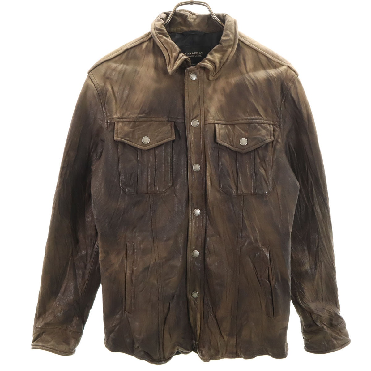 BURBERRY BLACK LABEL バーバリーブラックレーベル シワ加工 レザー シャツジャケット L ブラウン 三陽商会 メンズ