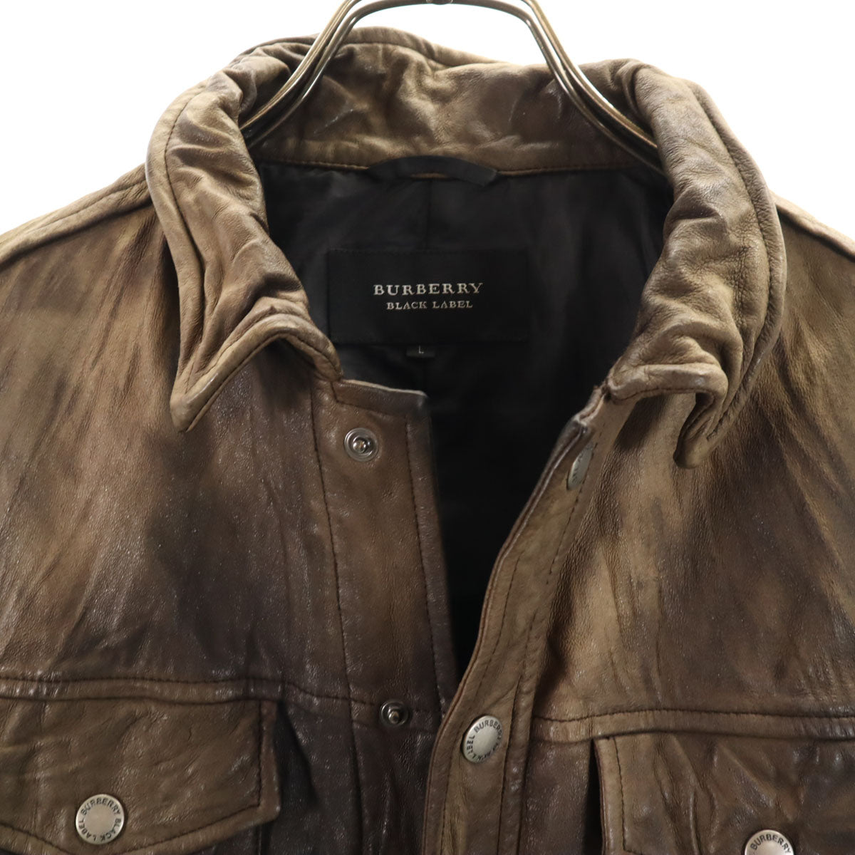 BURBERRY BLACK LABEL バーバリーブラックレーベル シワ加工 レザー シャツジャケット L ブラウン 三陽商会 メンズ