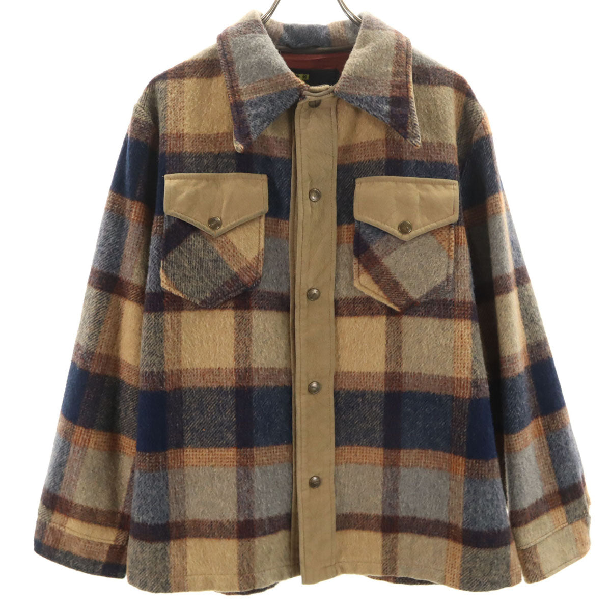 Silton シルトン 70s ヴィンテージ チェック柄 ウール シャツジャケット M ベージュ メンズ