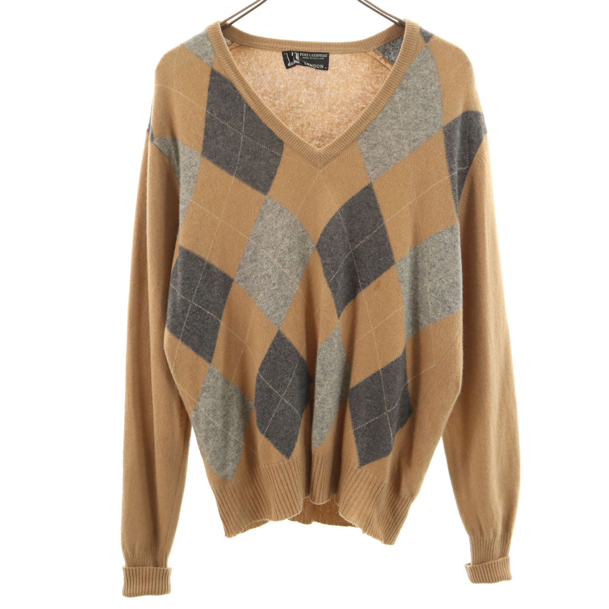 Dunhill ダンヒル スコットランド製 カシミヤ100% アーガイル柄 長袖 Vネック セーター 42 ベージュ ニット メンズ