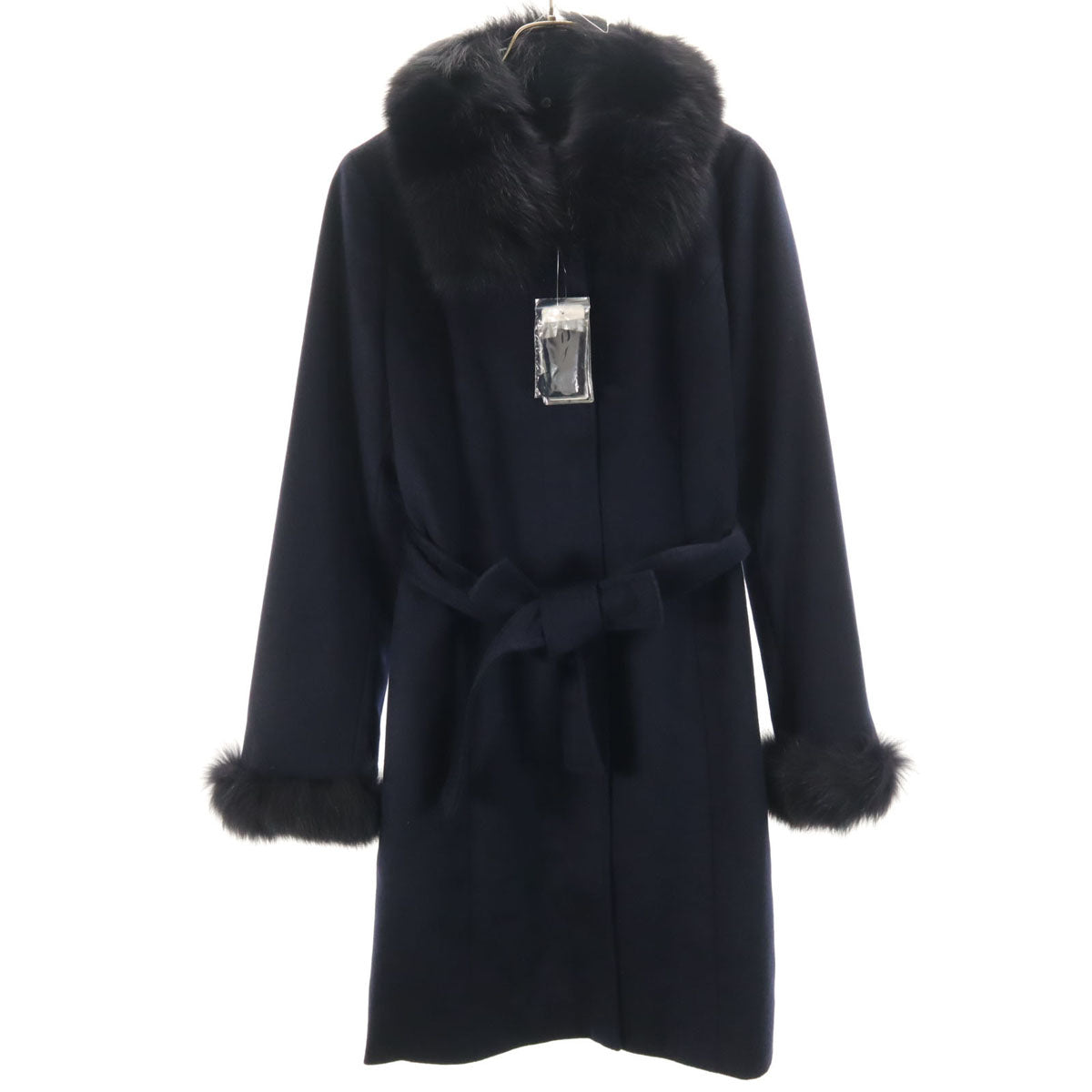未使用 eternallous エターナラス カシミヤ100% ステンカラーコート 9 ネイビー ブルーフォックスファー付き レディース