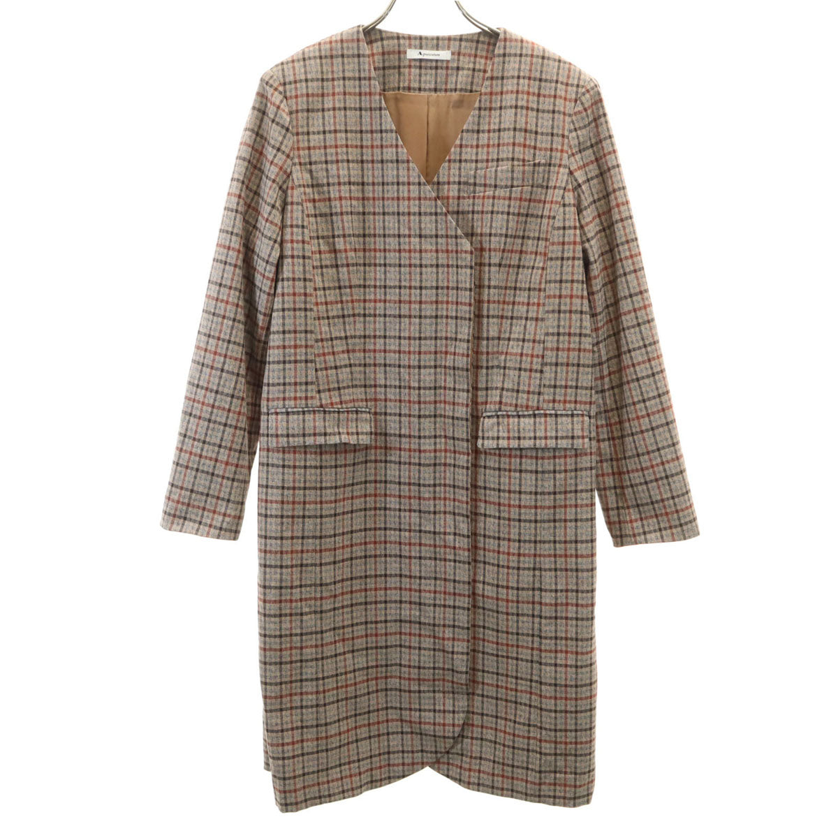 Aquascutum アクアスキュータム チェック柄 ノーカラーコート M ブラウン系 スプリング レディース