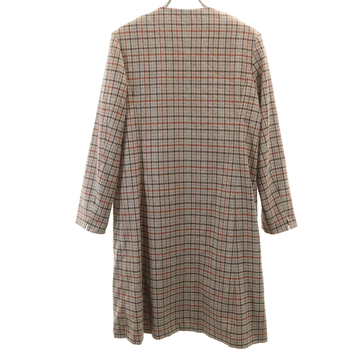Aquascutum アクアスキュータム チェック柄 ノーカラーコート M ブラウン系 スプリング レディース