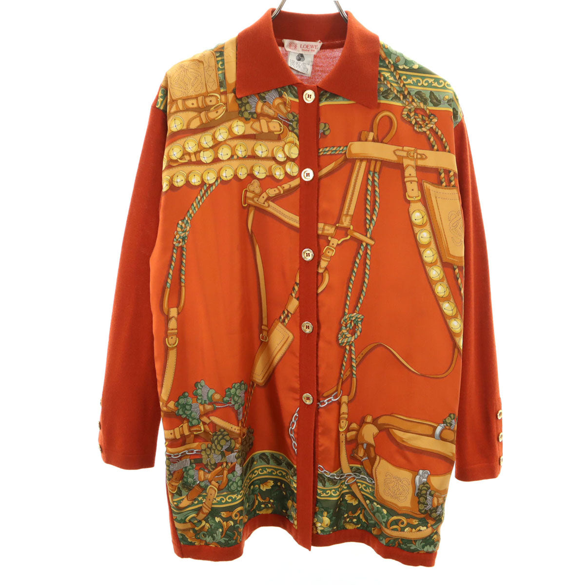 LOEWE ロエベ 80s 90s イタリア製 シルク オールド スカーフ柄 長袖 ニットカーディガン M オレンジブラウン レディース