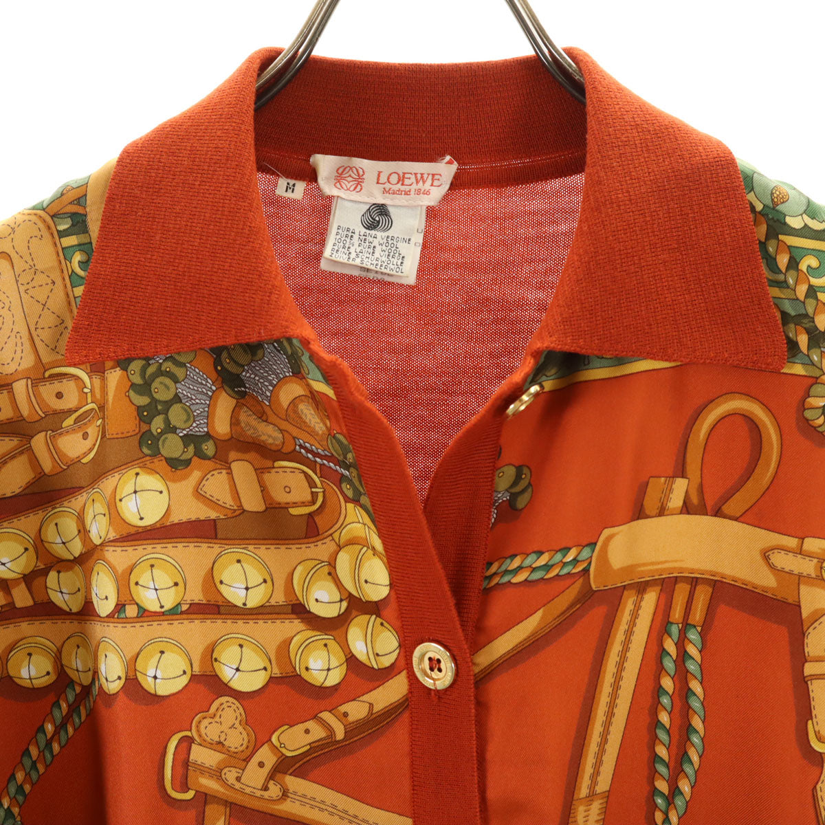 LOEWE ロエベ 80s 90s イタリア製 シルク オールド スカーフ柄 長袖 ニットカーディガン M オレンジブラウン レディース