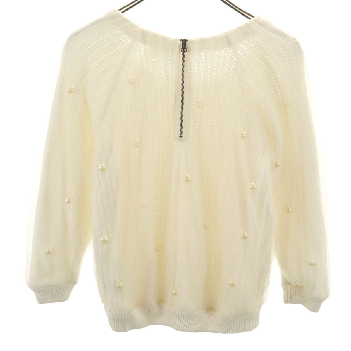 美品 LANVIN en Bleu ランバンオンブルー 7分袖 パール付き チュール ニット 38 ホワイト セーター レディース