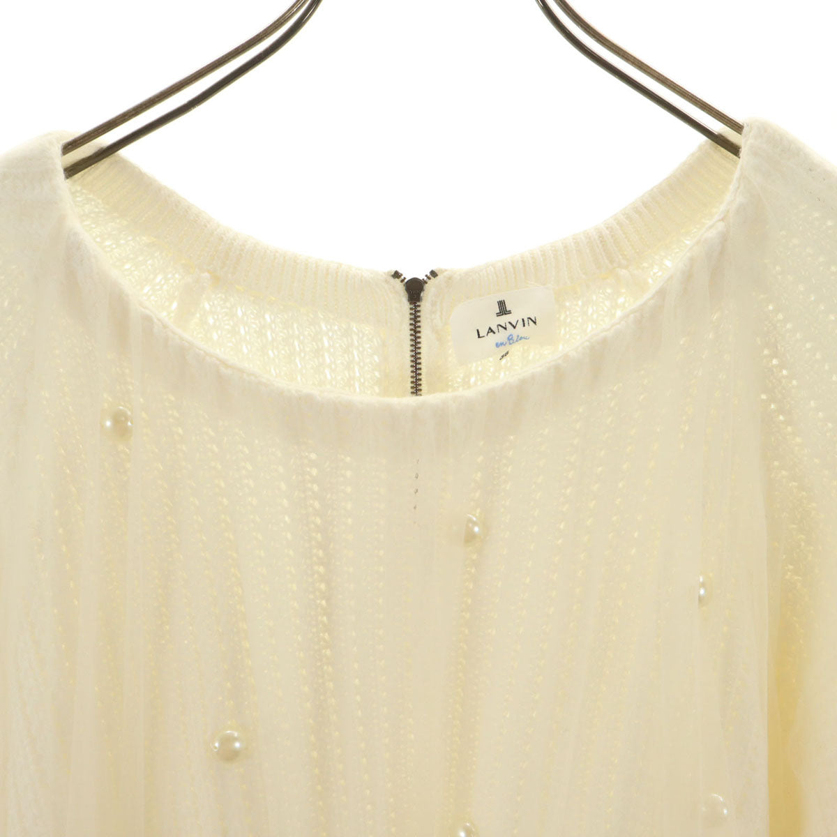 美品 LANVIN en Bleu ランバンオンブルー 7分袖 パール付き チュール ニット 38 ホワイト セーター レディース