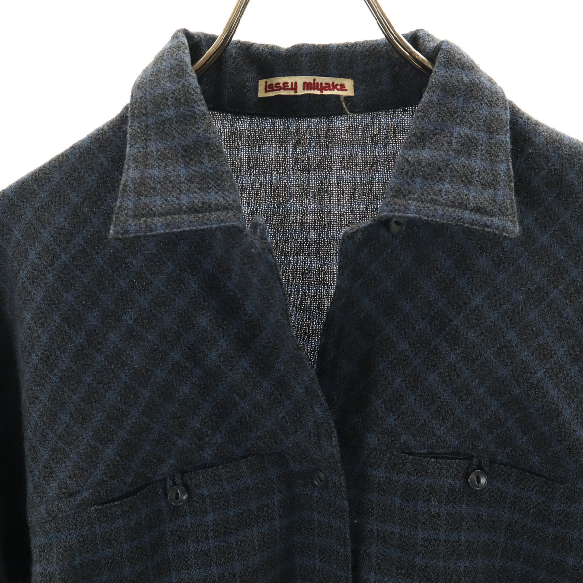 ISSEY MIYAKE イッセイミヤケ 70s 日本製 ヴィンテージ チェック柄 長袖 オープンカラー ウールシャツ 7 チャコールグレー レディース