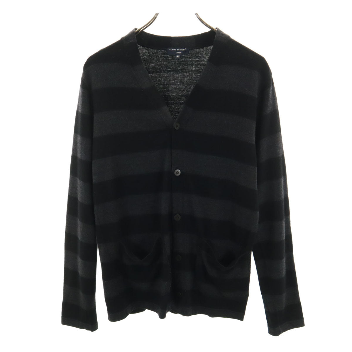 COMME des GARCONS HOMME コムデギャルソンオム 2012年 日本製 ボーダー柄 長袖 Vネック ニットカーディガン XS ブラック メンズ