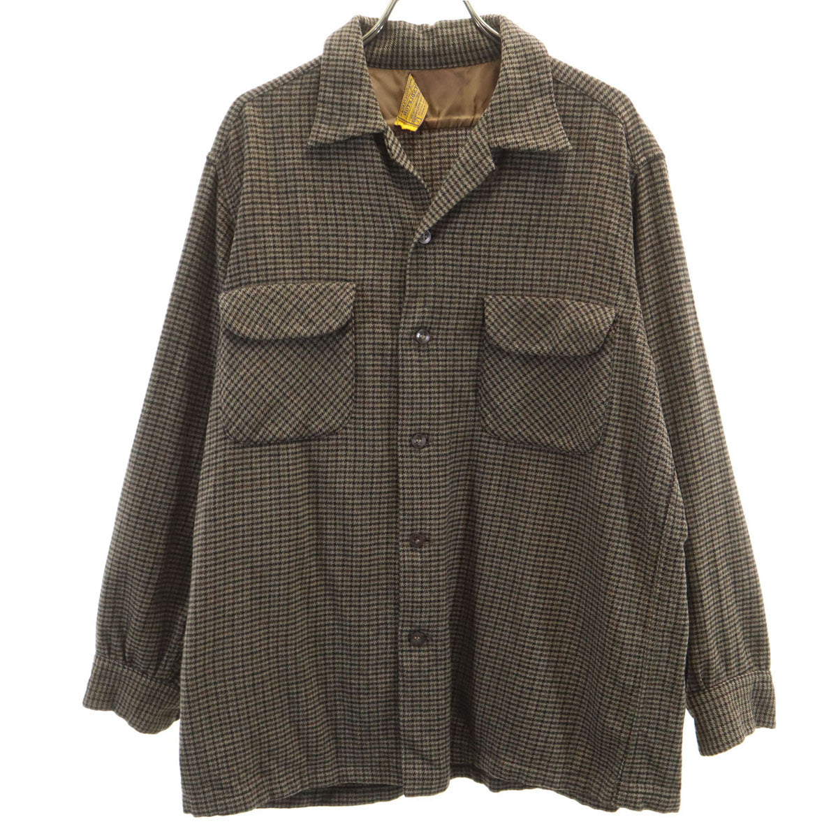 PENDLETON ペンドルトン 60s ヴィンテージ ハウンドトゥース柄 長袖 オープンカラー ウールシャツ L ブラウン 千鳥格子 メンズ