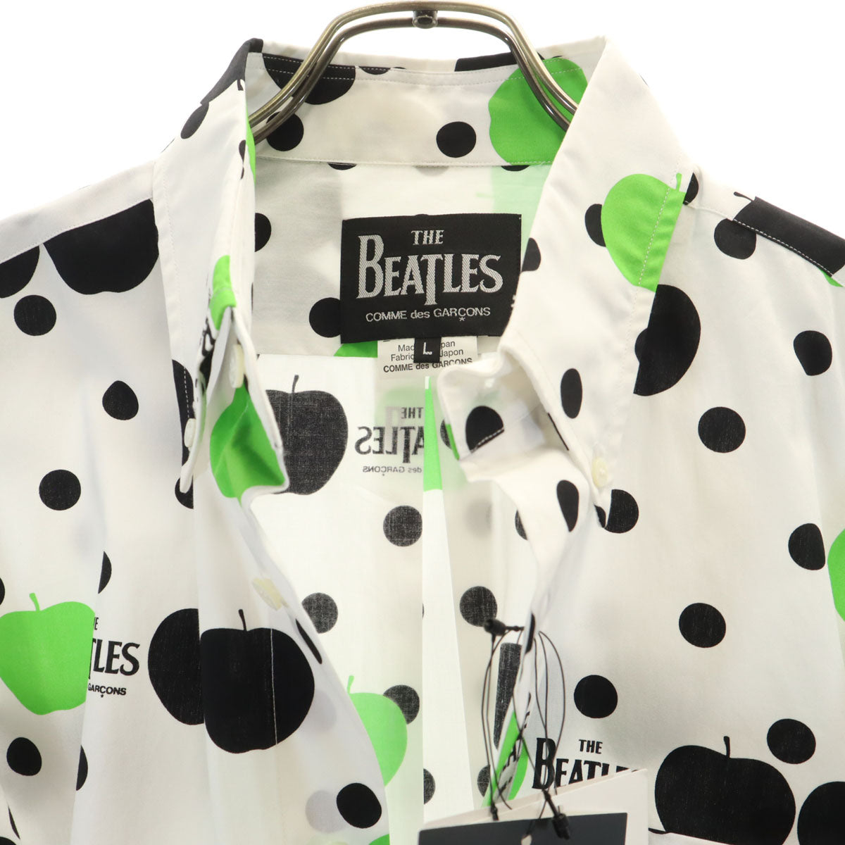 未使用 COMME des GARCONS コムデギャルソン 2015年 THE BEATLES ビートルズ コラボ 日本製 アップルドット柄 長袖 ボタンダウンシャツ L ホワイト メンズ