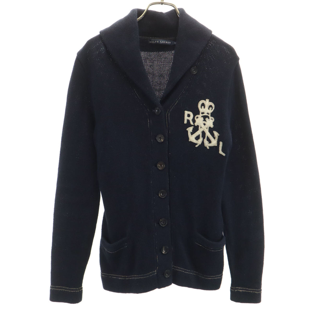 RALPH LAUREN ラルフローレン リネンブレンド 長袖 ショールカラー ニットカーディガン M ネイビー インパクト21 レディース