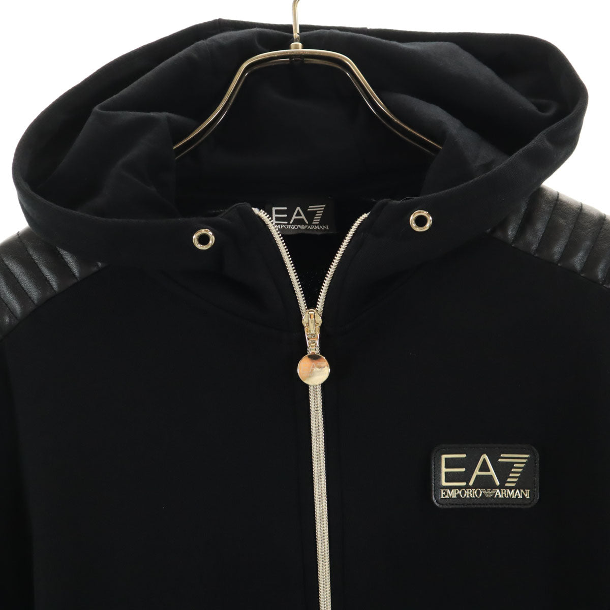 Emporio Armani エンポリオアルマーニ ポルトガル製 長袖 フェイクレザー切替 ジップパーカー L ブラック レディース