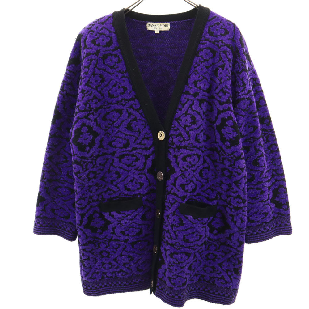 HANAE MORI 森英恵 ハナエモリ 総柄 長袖 ニットカーディガン M パープル レディース