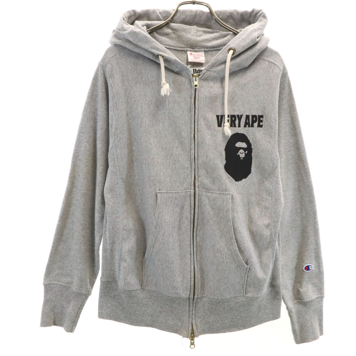 A BATHING APE アベイシングエイプ Champion チャンピオン コラボ USA製 長袖 リバースウィーブ スウェット ジップパーカー S グレー メンズ