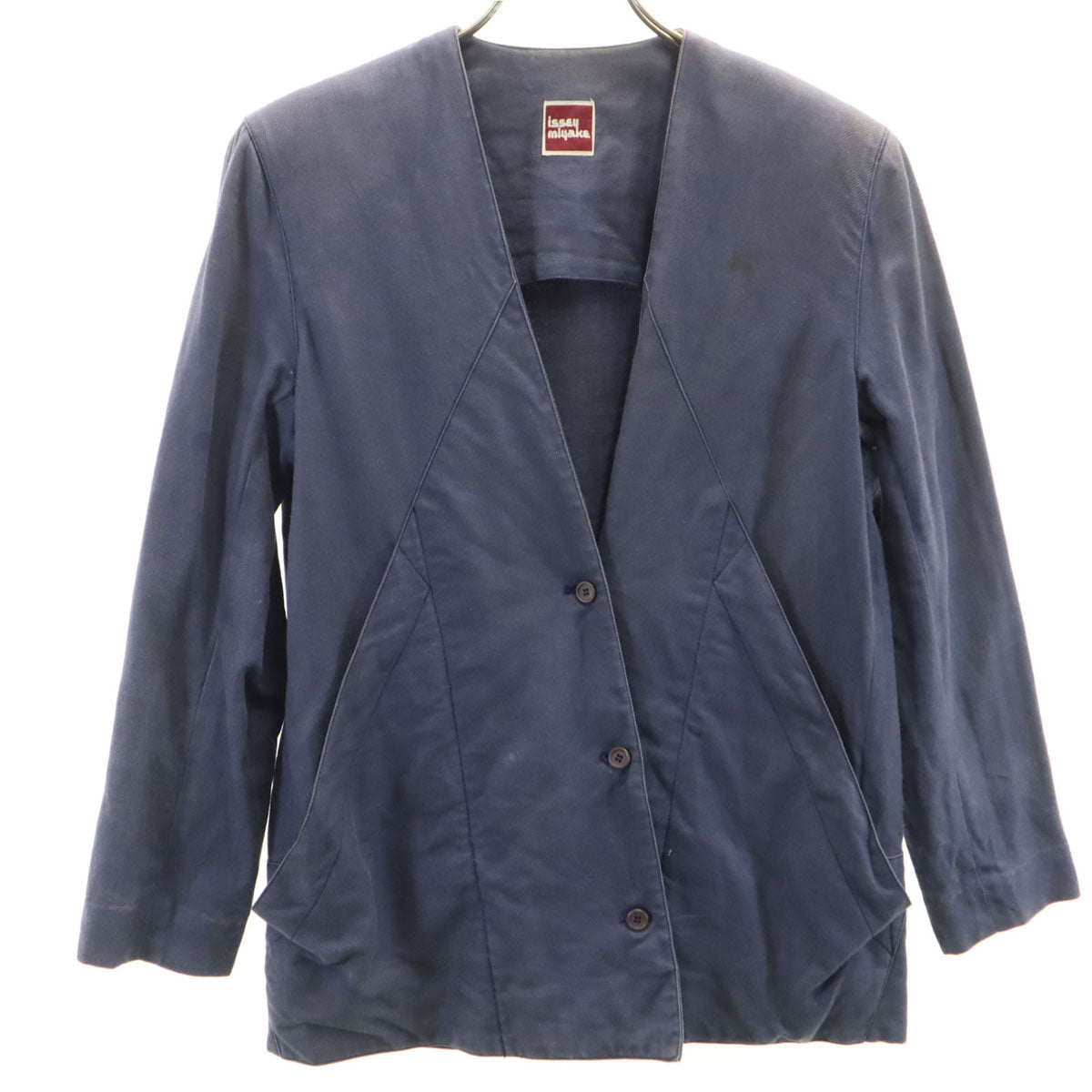ISSEY MIYAKE イッセイミヤケ 70s 日本製 リネンブレンド 初期タグ ヴィンテージ ノーカラージャケット 9 ネイビー レディース