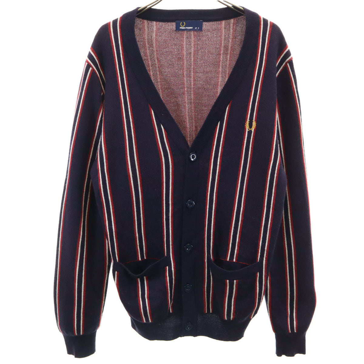 FRED PERRY フレッドペリー ストライプ 長袖 Vネック カーディガン S ネイビー系 メンズ