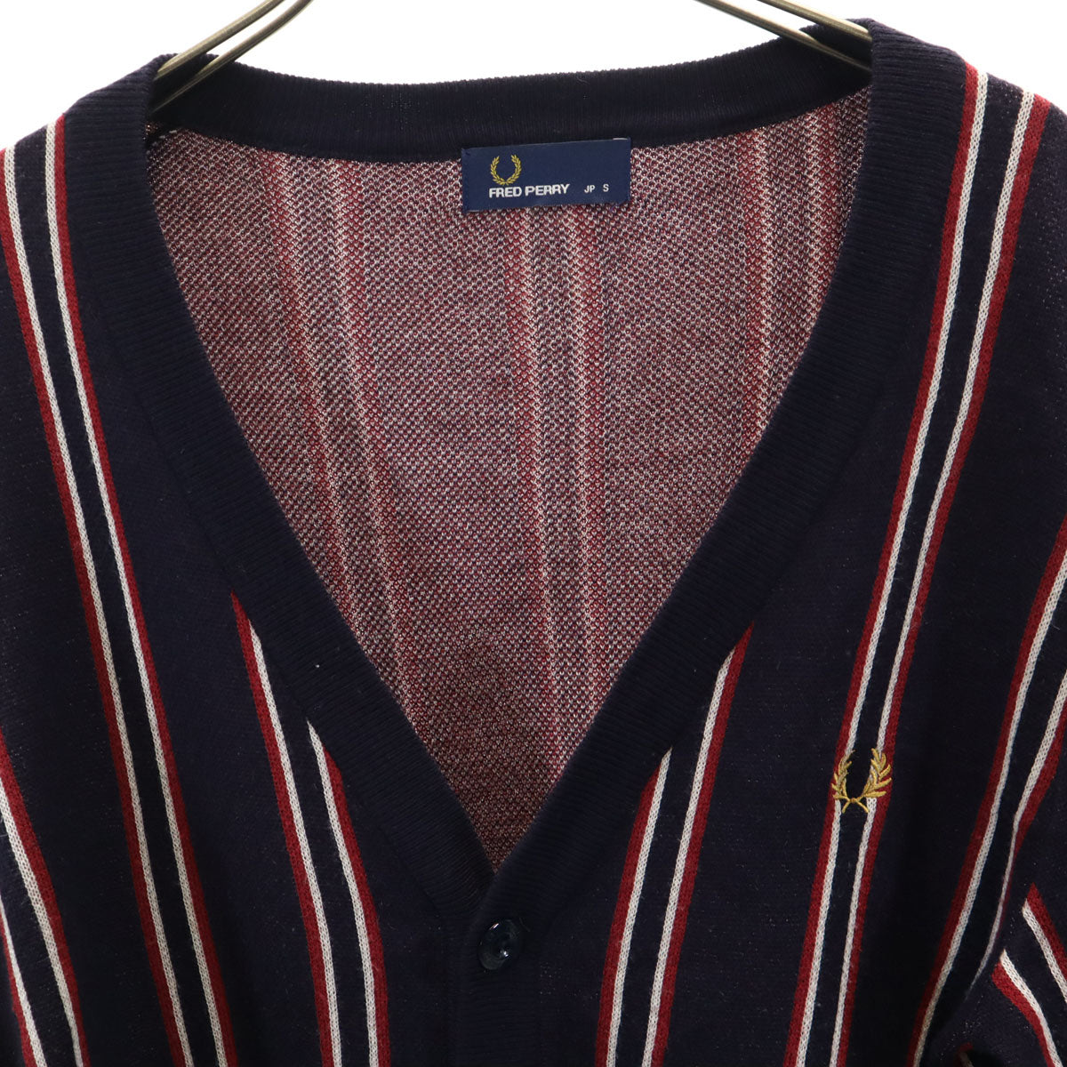 FRED PERRY フレッドペリー ストライプ 長袖 Vネック カーディガン S ネイビー系 メンズ