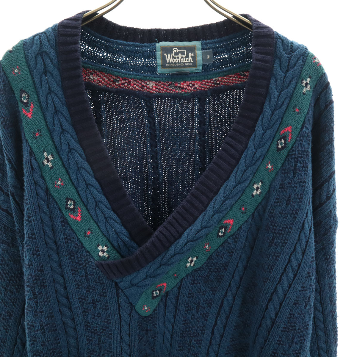 WOOLRICH ウールリッチ 80s ヴィテージ USA製 ノルディック柄 長袖 Vネック セーター M ブルー メンズ