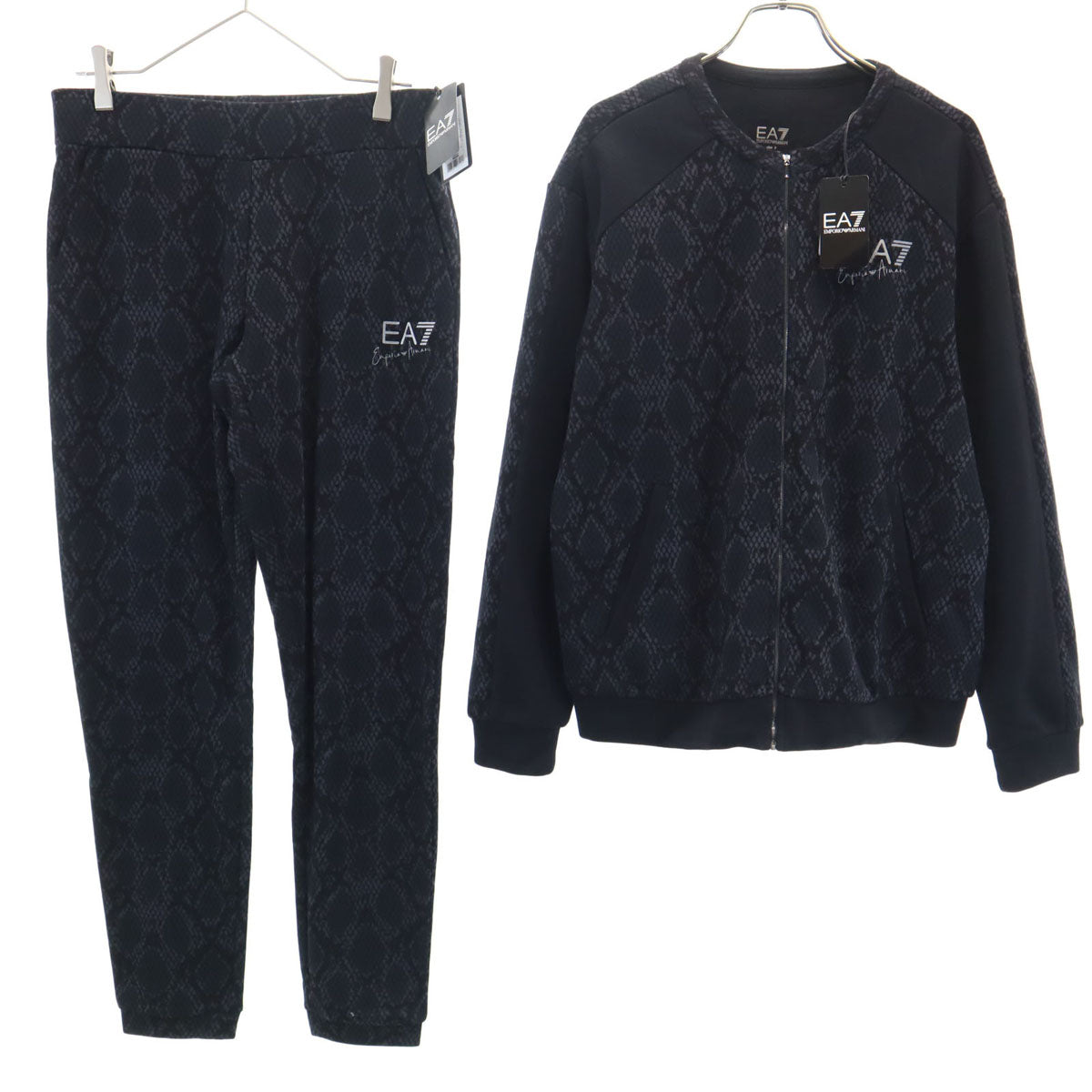 美品 Emporio Armani エンポリオアルマーニ パイソン柄 スウェット ジップジャケット 上下 セットアップ S/M ブラック EA7 メンズ
